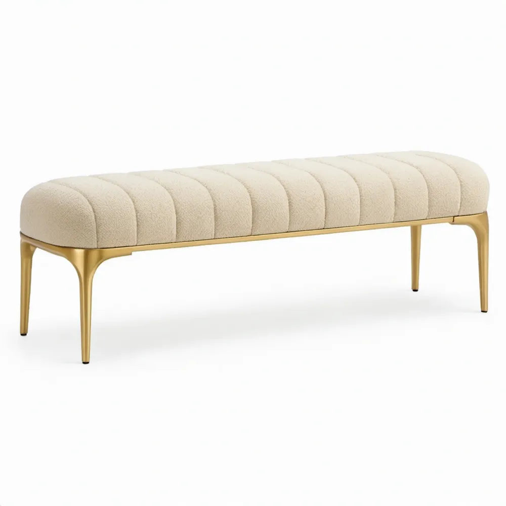 Gestoffeerde slaapkamerbank 120 x 45 x 45 cm in crèmekleurig bouclé met goudkleurig stalen onderstel