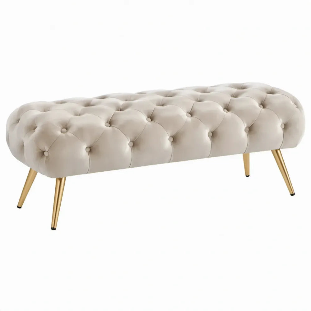 Gecapitonneerde slaapkamerbank 120 x 45 x 45 cm – Crème PU-kunstleer met goudkleurige stalen poten