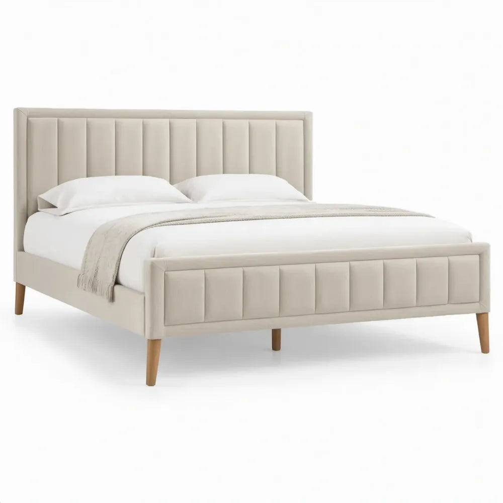Beige gestoffeerd tweepersoonsbed met verticale stiknaden, 160 x 200 cm
