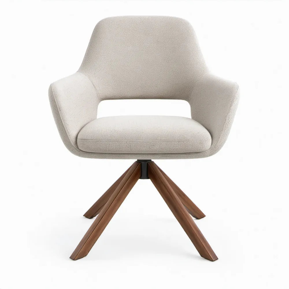 Loungestoel met armleuningen, bouclé bekleding en massief beukenhouten poten – 75 x 76 x 84 cm – Gebroken wit