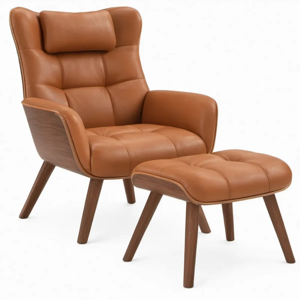 Loungestoel met voetenbank van cognackleurig PU-kunstleer en walnootbruin rubberhout, 78 x 85 x 103 cm