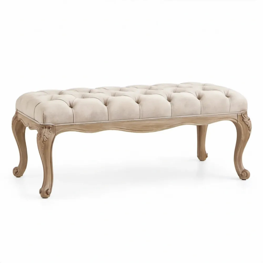 Gestoffeerde slaapkamerbank 120 x 45 x 48 cm crème/lichtbruin fluweel en massief rubberhout