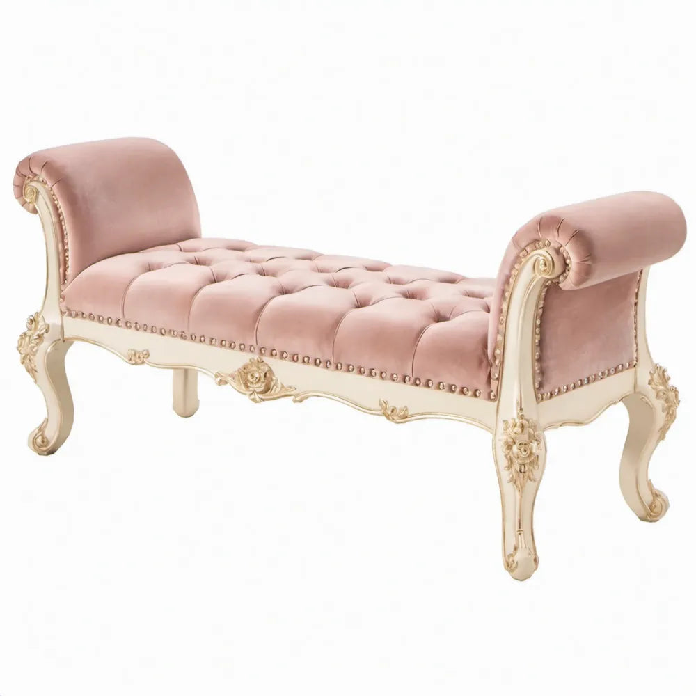 Chaise longue 170 x 63 x 80 cm van roze polyesterfluweel met crème massief rubberhouten frame en goudkleurige details