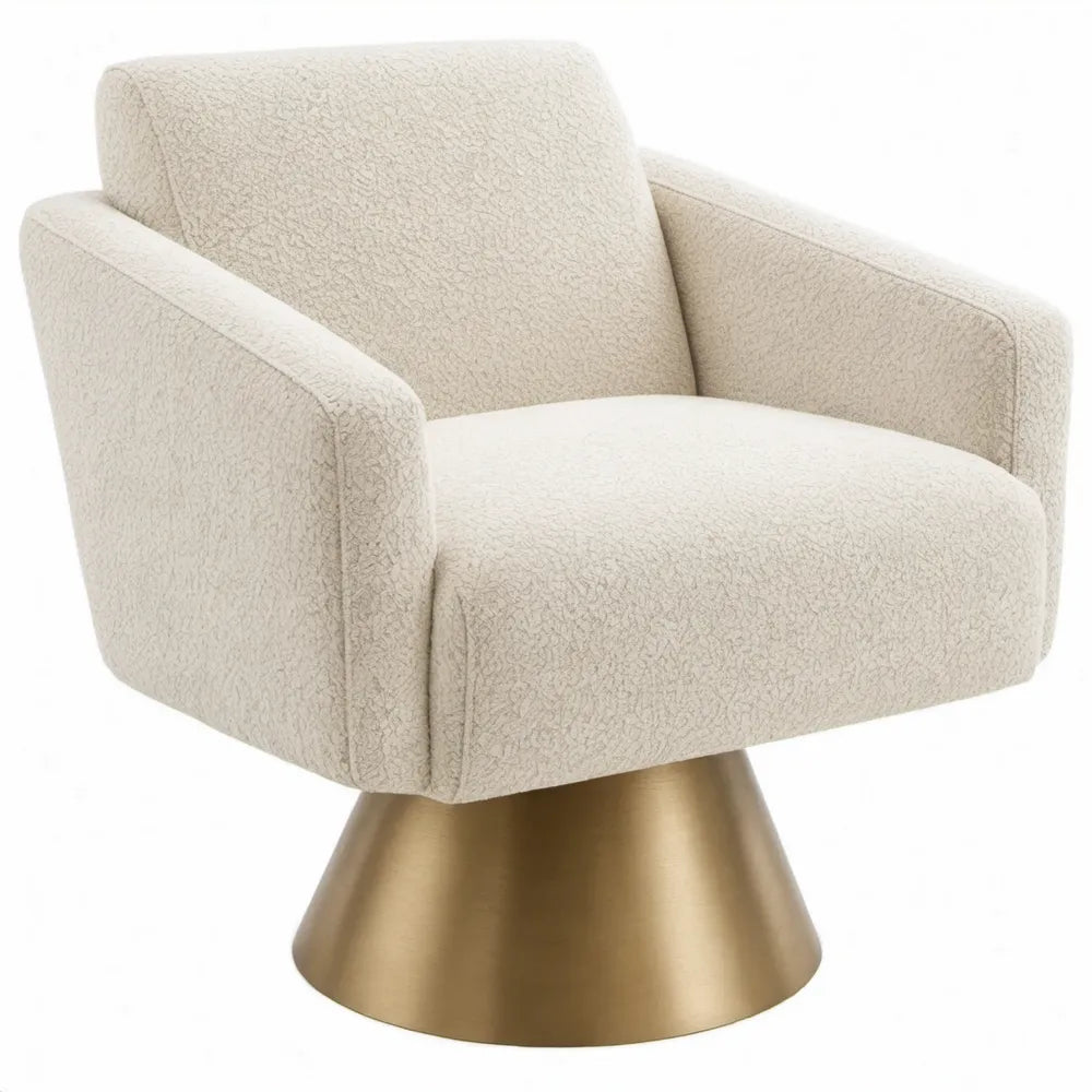 Draaifauteuil met armleuningen, crèmekleurige bouclé bekleding en goudkleurige voet, 75 x 78 x 76 cm